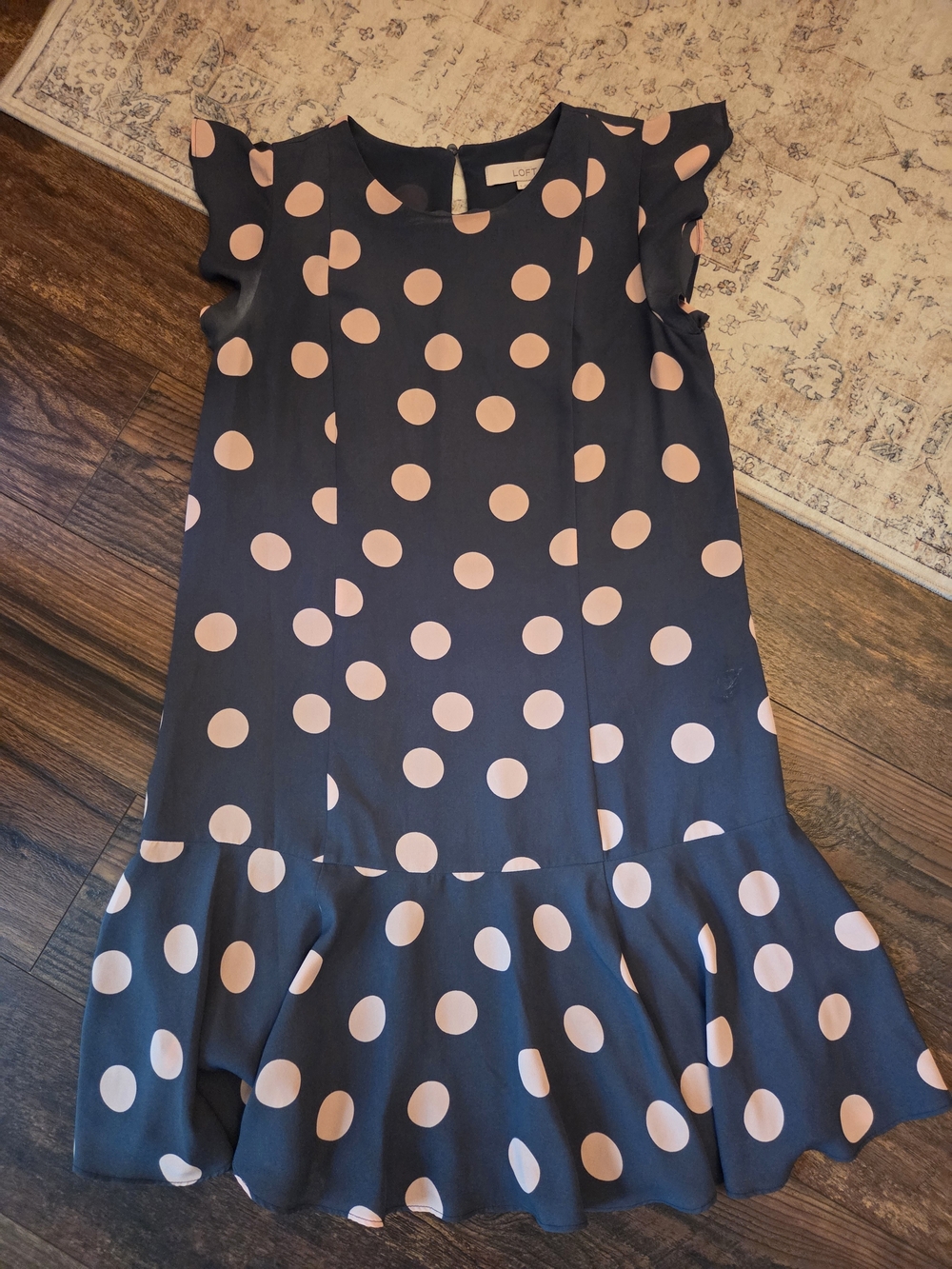 LOFT Gray Dress with Blush Polka Dots and Ruffle Hem